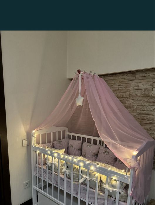 Детская кровать с полным комлектом! Матрас и бортики-подушки, балдахин