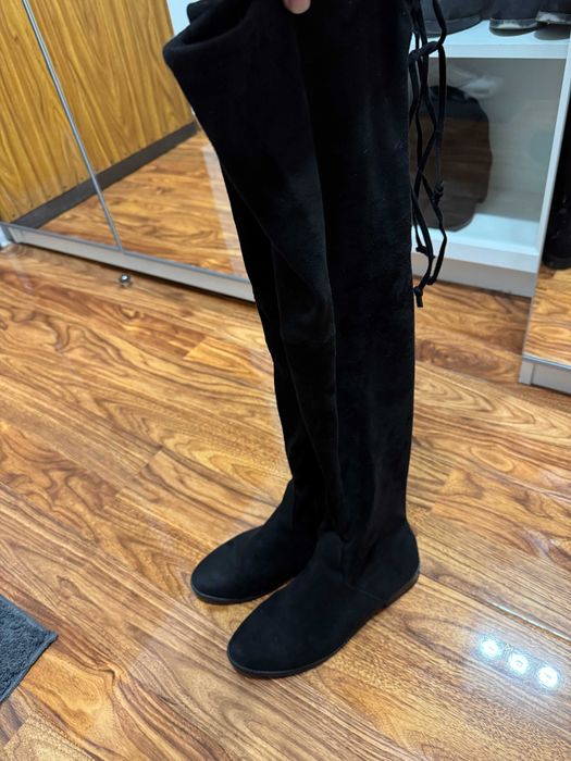 Велурени дамски чизми над коляното с равна подметка, 38 номер
