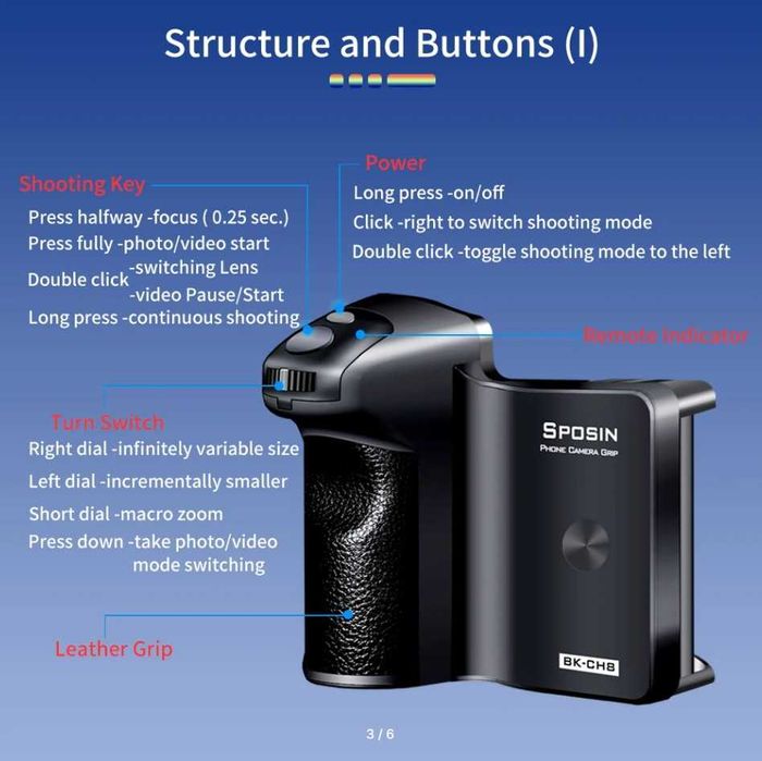 Держатель-рукоятка для телефона с функцией зум, отделяемый пульт 10 м.