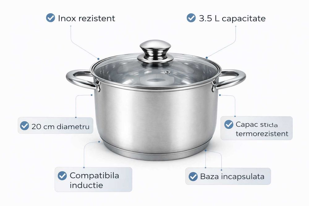 Oala inox Swiss Z Line 20 cm cu capac sticla 3.5 L