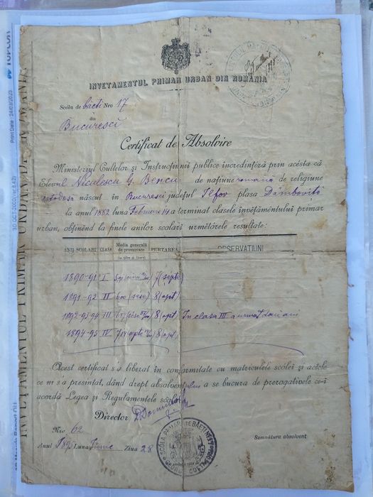 Certificat de absolvire 1895.