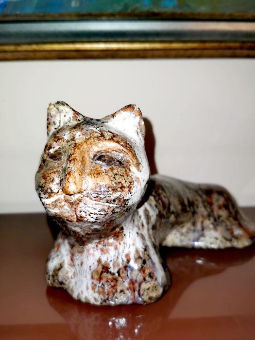 Керамична фигурa на котка тигър, ръчно изработена глазирана арт котка