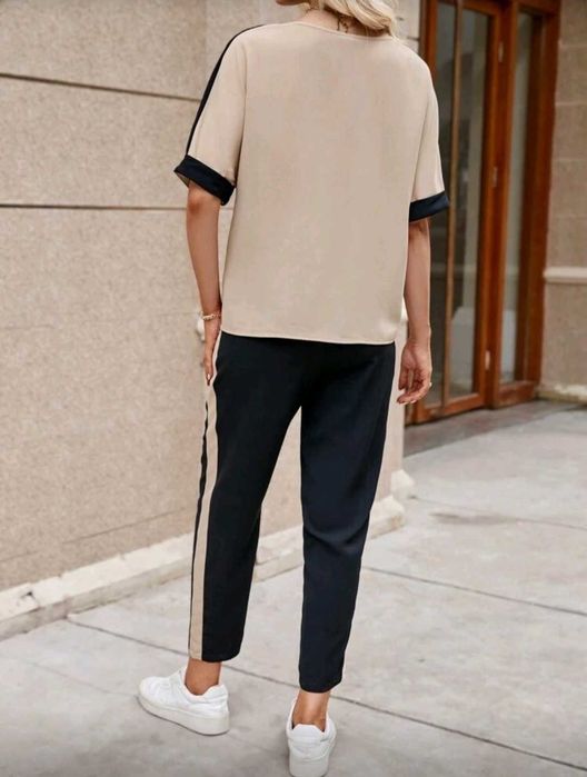 Дамски спортни-елегантен комплект в бежаво и черно