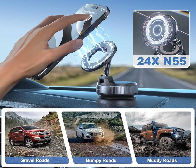 Магнитна стойка за телефон с вакуумно закрепване - въртене 360 градуса