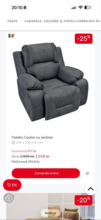 Fotoliu cu recliner Lems catifea (velvet) gri