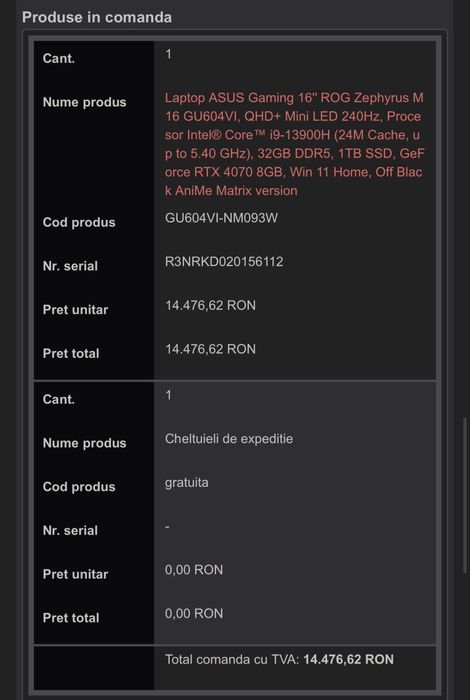 Laptop ASUS 16 ROG M16, MiniLED 240HZ, i9-13900H 5.4 Ghz, RTX 4070 8GB