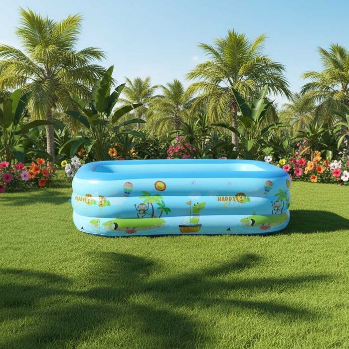 Piscina gonflabila de exterior,dreptunghiulara,pentru toata familia,dimensiuni 180*140*50 cm,cu 3 inele,design cu animale