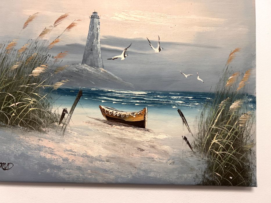 Pictura in ulei pe panza ce reprezinta o atmosferă de coastă liniștită, culori calde de apus