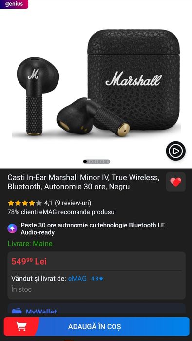 Casti In-Ear Marshall Minor IV, True Wireless, Bluetooth