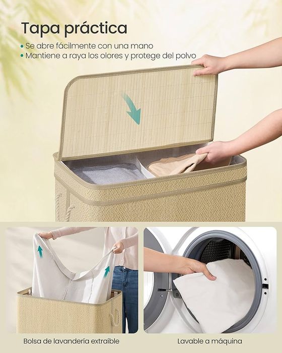 Кош за пране 130L SONGMICS, бамбук, 2 разделения