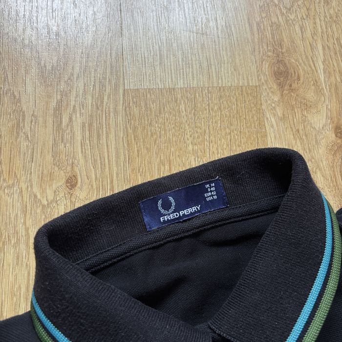 Tricou polo damă Fred Perry, negru bumbac piqué twin tipped mânecă 3/4 casual top, size L