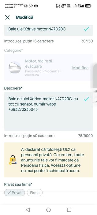 Baie de ulei Xdrive motor N47D20C, cu tot cu senzor, număr wapp +393272235043