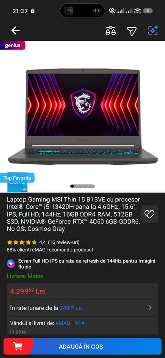 Laptop gaming  MSI thin 15