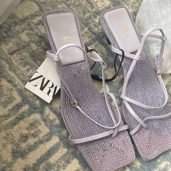 Zara sandale toc mic piele naturala mov lila rafie