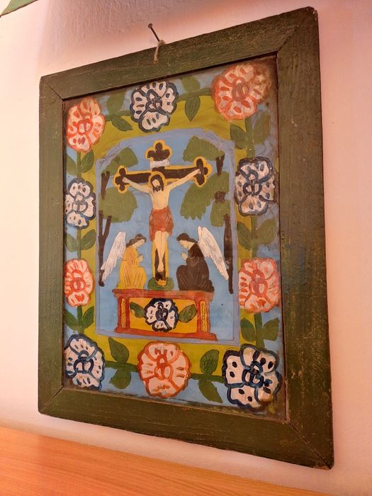 Vând icoană veche pictată pe sticlă, 40 × 30 cm