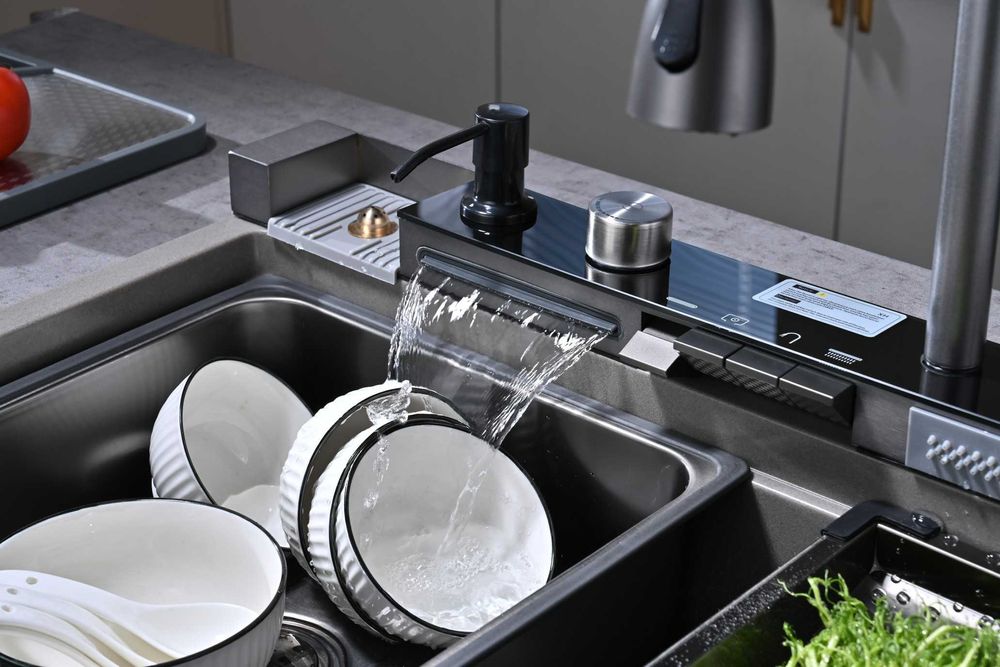 Сива гранитна мултифункционална кухненска мивка с двоен водопад