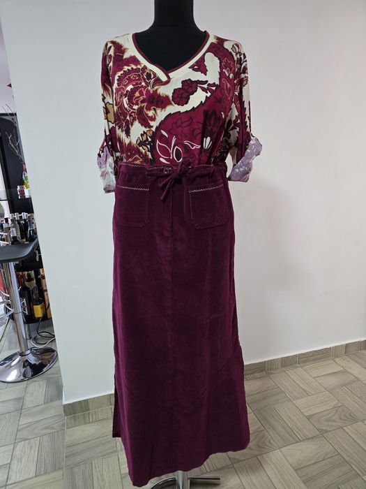 Fusta maxi burgundy din raiat, cordon  propriu pentru reglarea in talie