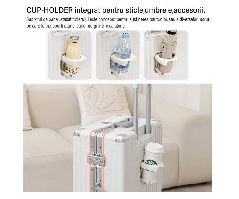 Troler de mana|cala roz & alb 54x36x24 cm, cu suport pahar si port USB