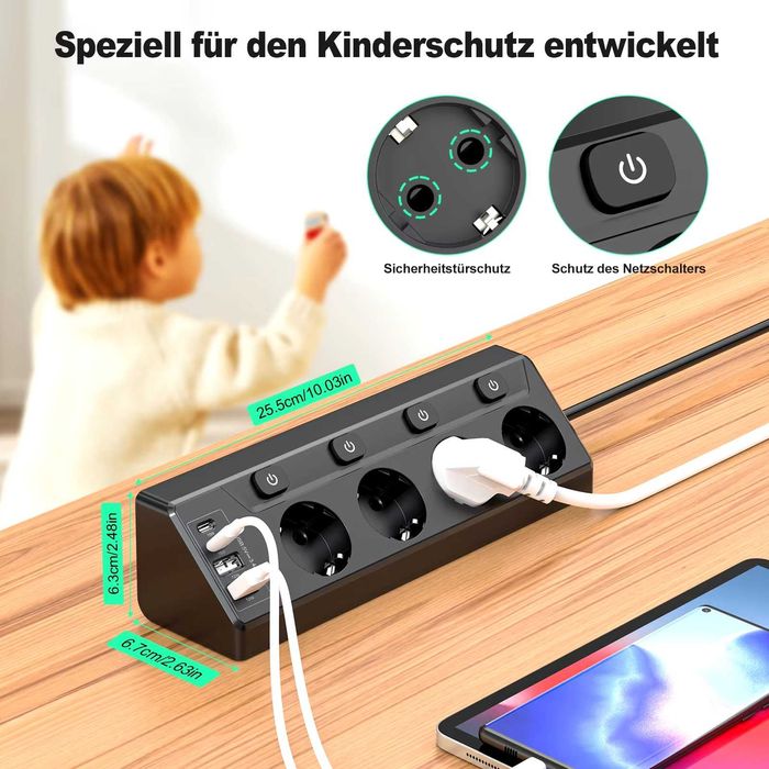 Priza HITRENDS de colt cu 4 prize, 2 usb A si 2 usb C, neagra sau alba