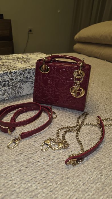 Чанта Луксозна дамска чанта Christian Dior Mini Lady Dior (Червен лак)