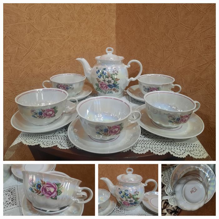 Редкость! Красивый чайный набор из 5 чайных пар и чайника. Туймазински