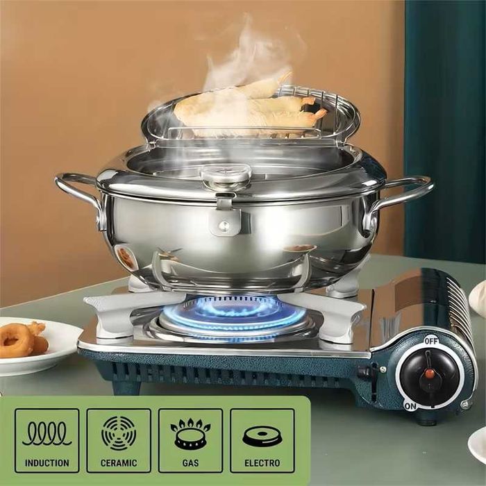 Фритюрна тенджера с термометър и система за отцеждане на масло