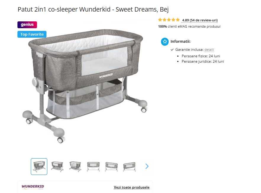 Vând Patut 2in1 co-sleeper Wunderkid - Sweet Dreams, Bej