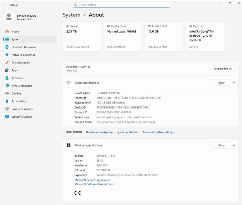 Lenovo ThinkCentre M920q i5-9500T / 16GB RAM / SSD NVMe + WiFi, Bluetooth
