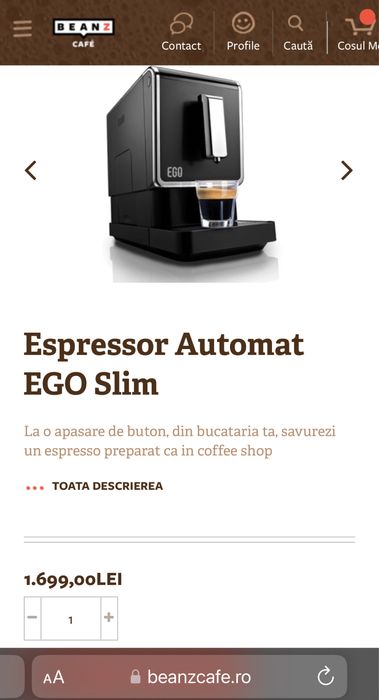 Espressor automat EGO Slim, 1470W, 19 bar, Touch display, Autocuratare