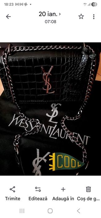 Geanta damă model croco, logo metalic argintiu, saculet, etichetă