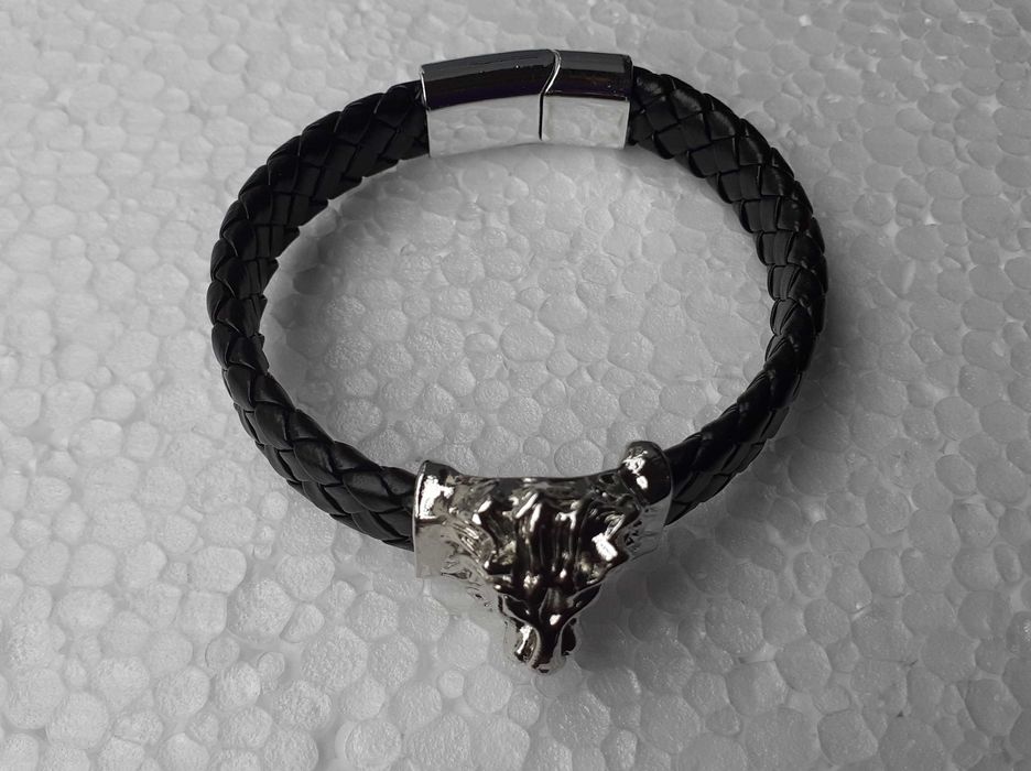 Brățară piele cu cap de leu metalic pentru bărbați