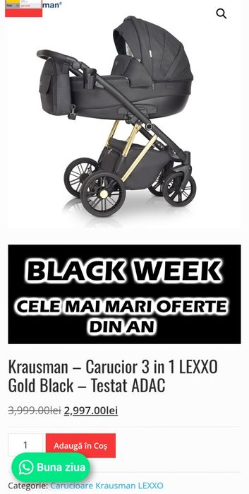 Cărucior copii 3 în 1 sport+landou+sc.auto.Krausman Lexxo Gold Black.