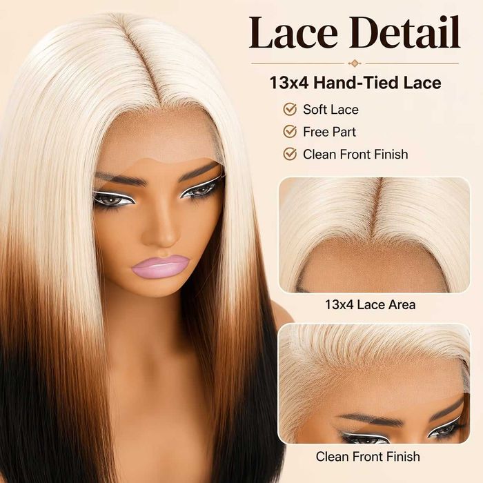 Ефектна русо към кафяво и черно омбре права перука 60 см –  Lace Front 13×4