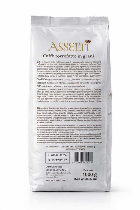 Cafea boabe ASSELTI Classico – 1 kg, amestec Arabica & Robusta, prăjire italiană, gust echilibrat