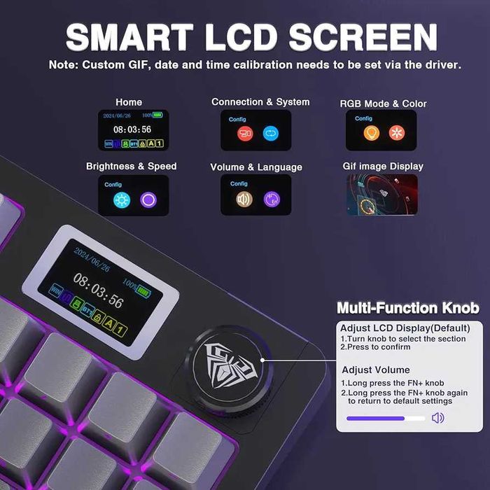 Механична Клавиатура AULA S98 Pro – LCD Смарт Екран, Ролер, Безжична