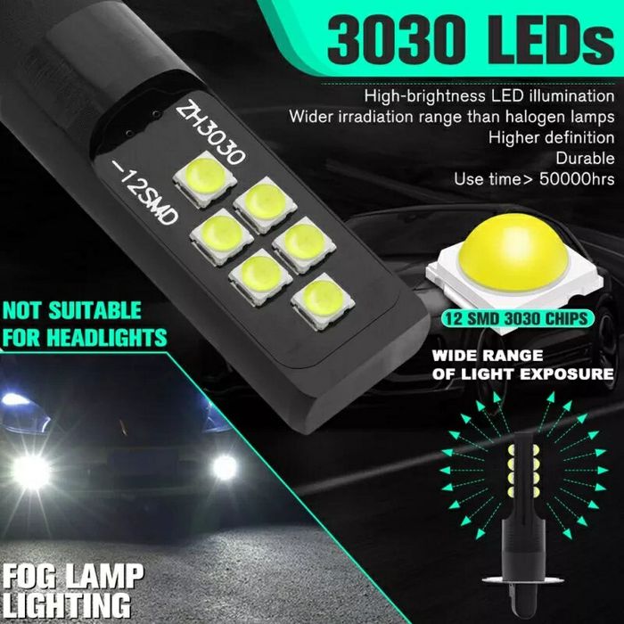 Set Două Becuri Led H1,  H3  (10000Lm/50W/6000K) Fără Ventilator