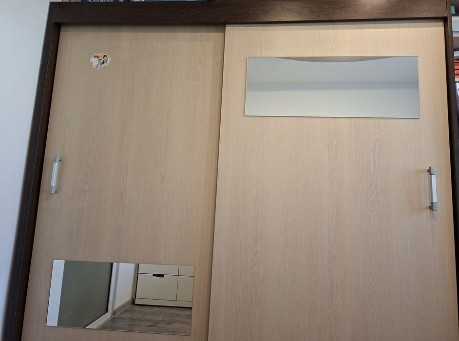Dulap dormitor / dressing, crem-wenge, 2 usi glisante, cu oglinda, 200 x 60 x 200 cm
