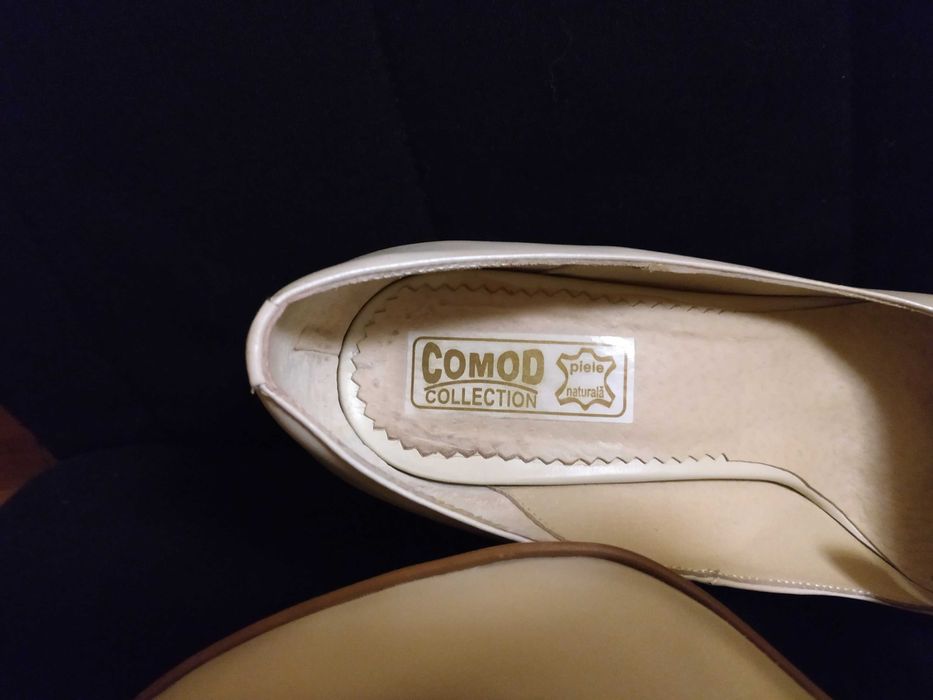 Pantofi piele ivoire albi cu toc