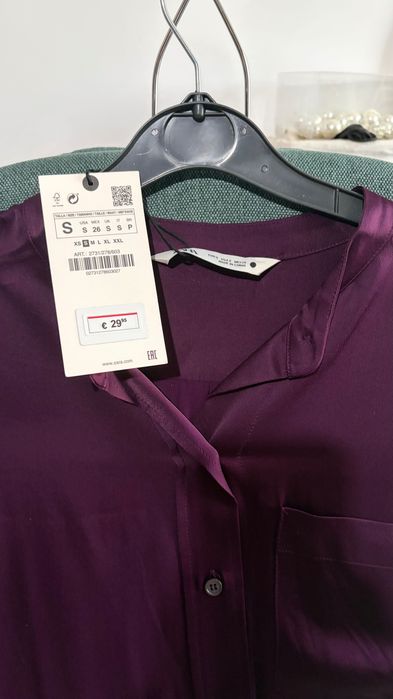 Cămașă Zara satin gros, S, nouă, mov prună