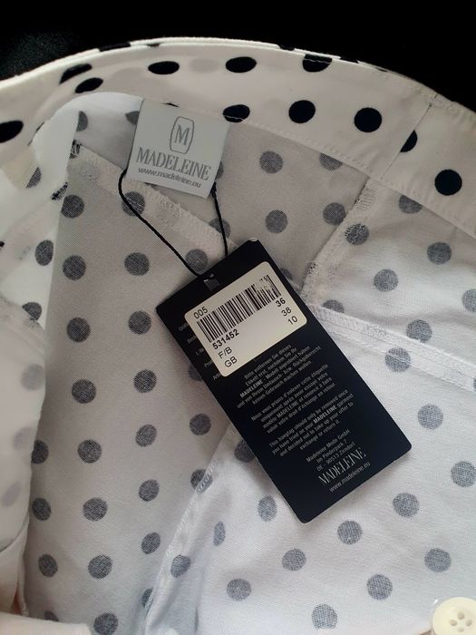 Pantaloni Madeleine M L skinny alb cu buline negre bumbac elastic noi etichetă vara vacanta casual