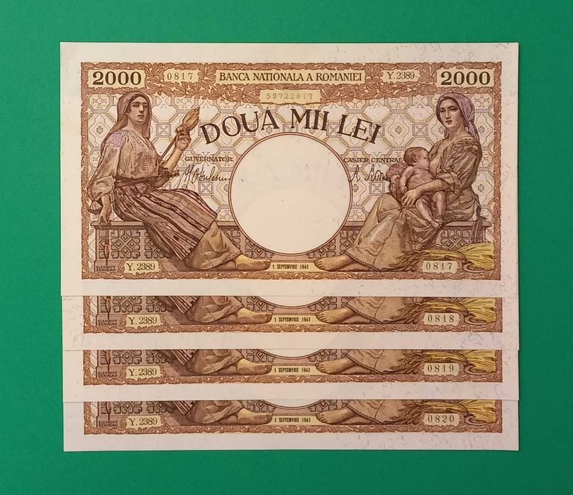 Bancnota 5 lei 1920 si 2000 lei 1 septembrie 1943 UNC 4 bancnote CONSECUTIVE !!!