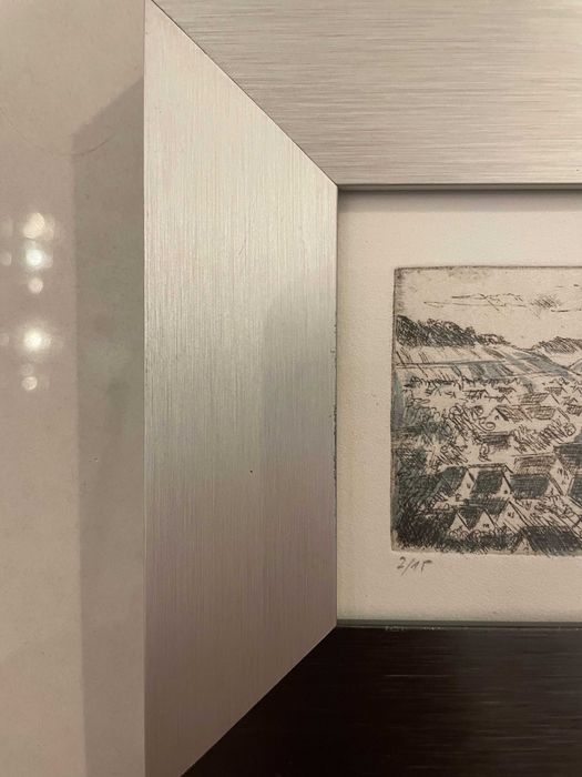 gravura foaie rives in creion semnata rama profesionala de inox periat