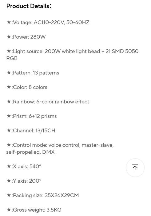 Moving head Beam mini 7 R 200 w Led Consum 280 W