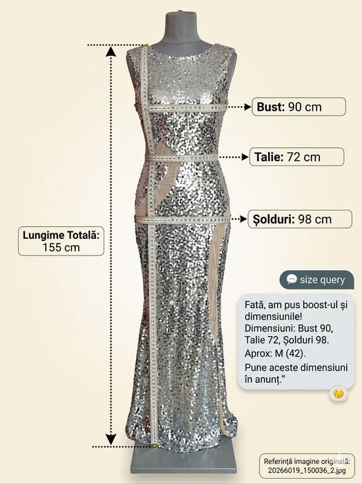 Rochie mrochie  paiete roz – Mărime S-M
​Mărime: M (40)
​Dimensiuni: Bust 88 cm, Talie 72 cm, Șolduri 94 cm
​Lungime totală: 85 cm
​Stare: Nouă/Impeca