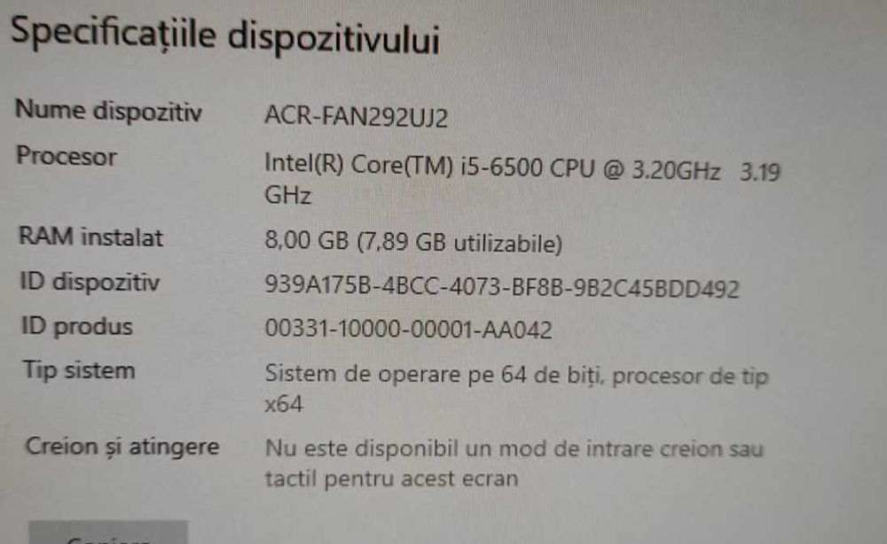 Unitate PC Acer i5-6500 8GB Ssd 256Gb Dvdrw Difuzor Windows GARANTIE