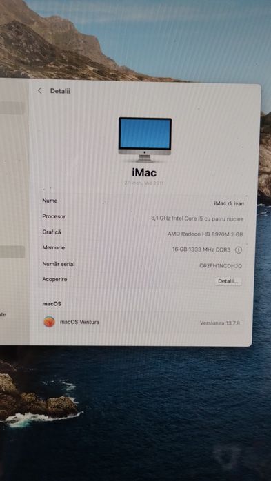 iMac 27 inch model 2011, procesor Intel i5 3,1GHz și 4 nuclee, SSD  240 Gb plus HDD 1Tb și 16Gb RAM