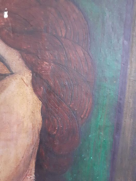 icoana veche pictura pe lemn Arhanghelul Gavriil si Fecioara Maria