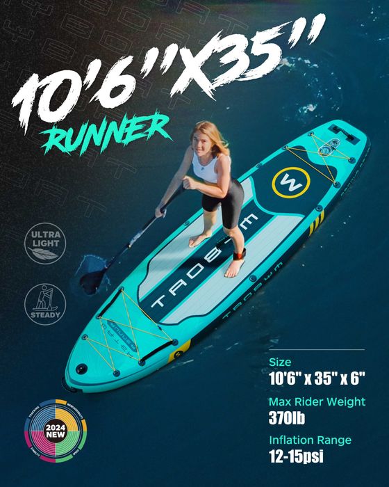Нов, висок клас, широк надуваем SUP 320 СМ Падъл борд MYBOAT MY06 (Wind Runner Green PRO) в тюркоазено-зелен дизайн.