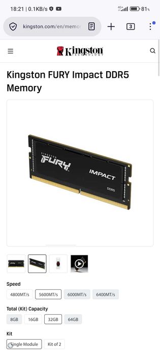 Vand memorie laptop Kingston Fury Impact 32GB, DDR5-5600Mhz.
