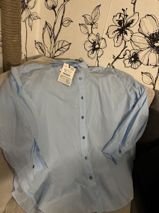 ZARA, синя дамска ленена риза, размер:Xs